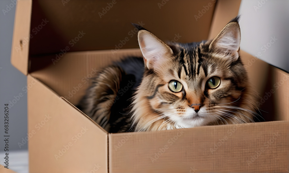 A cute cat in a box. Generative AI A cute cat in a box. Generative AI