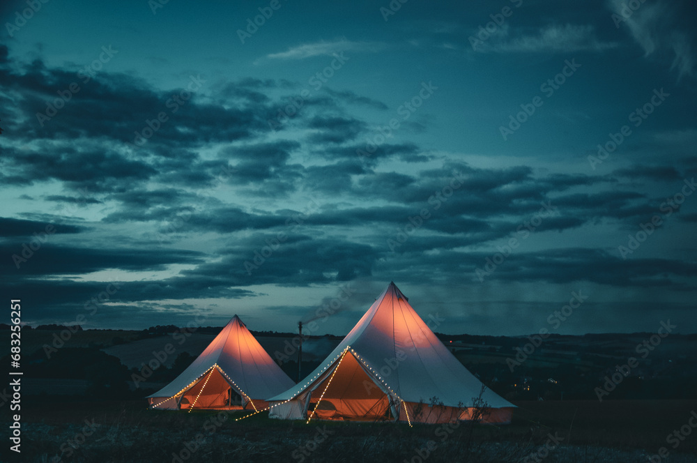Bell Tents in English Countryside Landscape