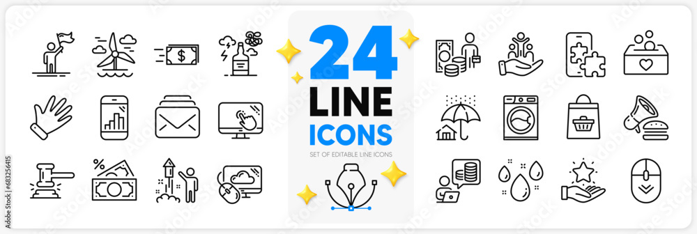 Icons set of Inclusion, Online buying and Home insurance line icons pack for app with Phone puzzle, Mail, Donation thin outline icon. Burger, Cloud computing, Money transfer pictogram. Vector