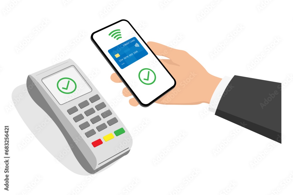 Mobile payment at payment terminal, contactless payment concept. Flat vector illustration Mobile payment at payment terminal, contactless payment concept. Flat vector illustration