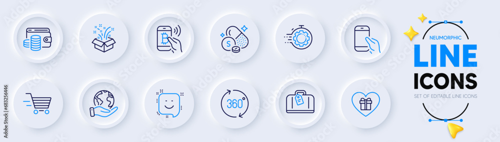 Seo timer, Hand baggage and Bitcoin pay line icons for web app. Pack of Hold smartphone, Save planet, Delivery shopping pictogram icons. Smile, Romantic gift, Wallet money signs. Gift. Vector