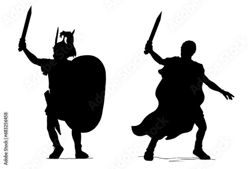 Roman general and imperator Gaius Julius Caesar with roman centurion. Warriors silhouette drawing. photo