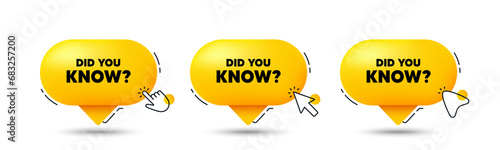 Did you know tag. Click here buttons. Special offer question sign. Interesting facts symbol. Did you know speech bubble chat message. Talk box infographics. Vector