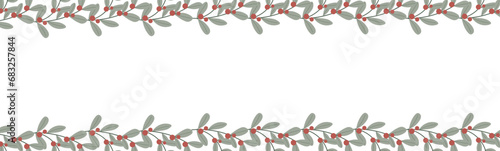 Fototapeta Naklejka Na Ścianę i Meble -  Branches, leaves and berries in beautiful Christmas composition. Seamless horizontal string, ribbon. Holiday design for invitation, banner, greeting card