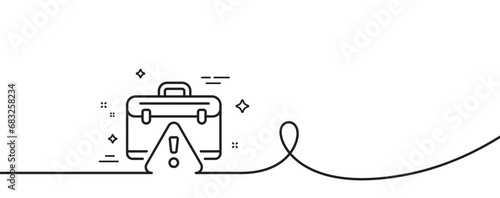 Warning briefcase line icon. Continuous one line with curl. Attention triangle sign. Caution diplomat symbol. Warning briefcase single outline ribbon. Loop curve pattern. Vector