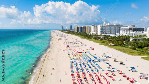Wallpaper Mural Drone aerial view at Miami South Beach Florida. Beach with colorful chairs and umbrellas, top view of the beach in Miami Florida Torontodigital.ca
