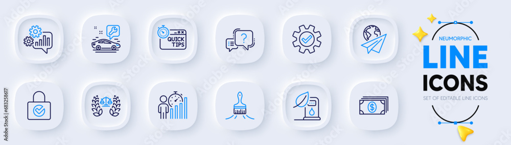 Justice scales, Question mark and Paper plane line icons for web app. Pack of Quick tips, Brush, Banking pictogram icons. Service, Car service, Business statistics signs. Petrol station. Vector
