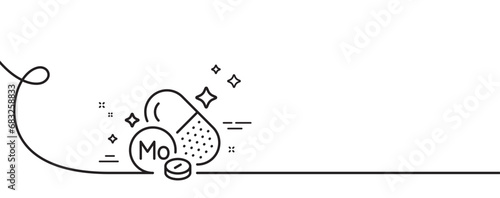 Molybdenum mineral line icon. Continuous one line with curl. Chemical element Mo sign. Capsule or pill symbol. Molybdenum mineral single outline ribbon. Loop curve pattern. Vector