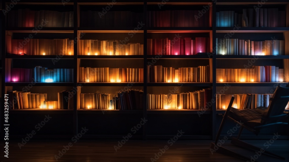 Wooden bookshelf with moody lights.