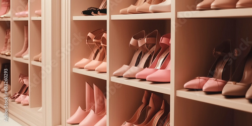 Female shoes in pink colors on the shelves of wardrobe or shoe shop