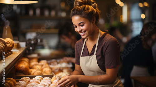 smiling female baker  offering exemplary customer service as she hands a customer their order in her retail store 