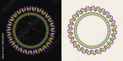 Vintage circular frame made of spiral party streamers, ribbons, strings of beads. Place for text, copy space. For Mardi Gras holiday decoration.