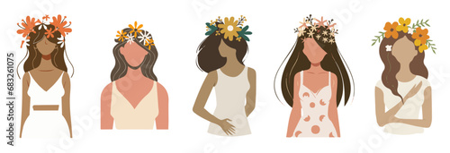 Bundle mit Gesichtslosen Frauen-Illustrationen und Blumen im Haar