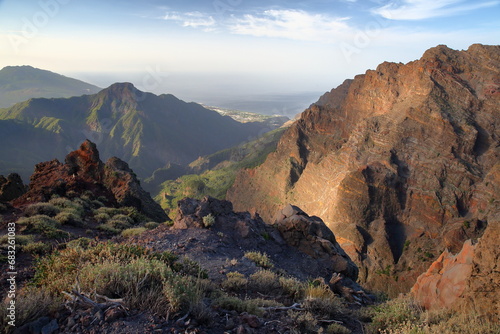 The National Park Caldera de Taburiente in La Palma, Canary Islands, Spain. View towards the volcanic crater from a hiking path leading from Mirador (Viewpoint) de Los Andenes to Roque de Los Muchacho
