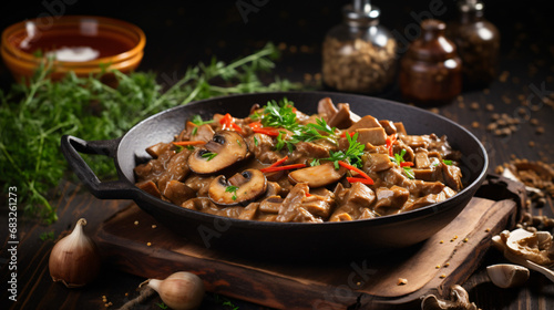 Pan with hot beef stroganoff meat and mushrooms