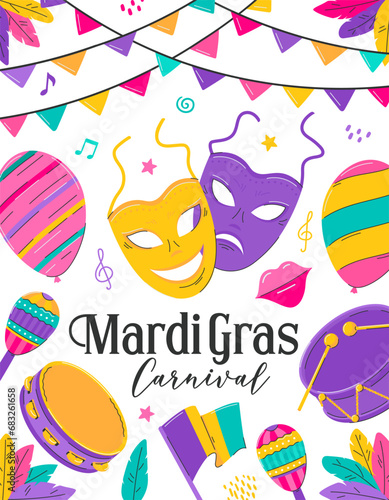 Mardi Gras carnival poster template. Invitation for masquerade party. Comedy and tragedy masks, tambourine, flags, balloon. Flat vector illustration on white background. Clipping mask