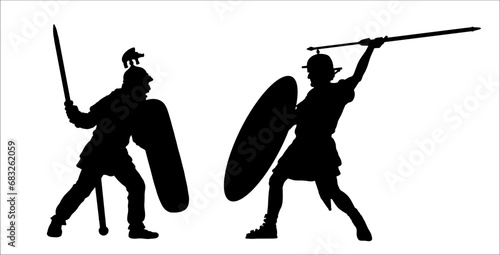Roman legionnaire against the Gaul. Julius Caesar Gallic War. Historical vector drawing.