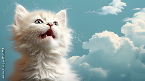 Cute banner with a cat looking up on solid blue background
