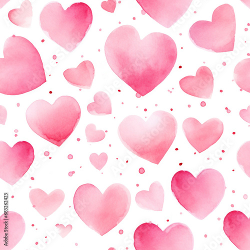 Seamless pattern watercolor pink hearts scattered on white. Represents the concept of love and tenderness.