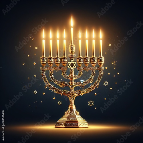 Image jewish holiday Hanukkah with menorah traditional candelabra and candles on a dark background with bright bokeh photo