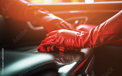Inside car cleaning, Wax on red seat, Inside luxury car, micro fiber cleaned, red glove. © candyhalls