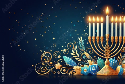 Concept banner for Jewish holiday Hanukkah, space for text on background with bokeh