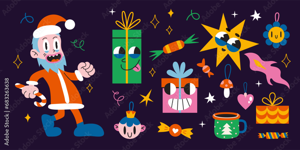 Fototapeta premium Set with Christmas attributes, vintage groovy characters, Santa Claus and decorative elements, cartoon style. Cozy mood for winter. Trendy modern vector illustration, hand drawn, flat design