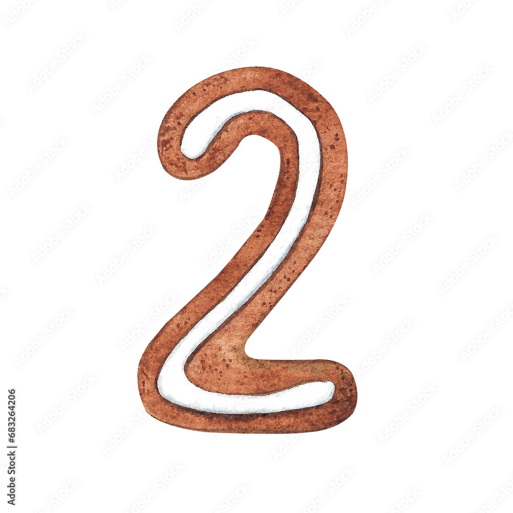 Fototapeta premium Christmas Advent Calendar Number 2 in the form of a Christmas gingerbread on a white background. Suitable for holiday and new year inscriptions with dates that have the number nine