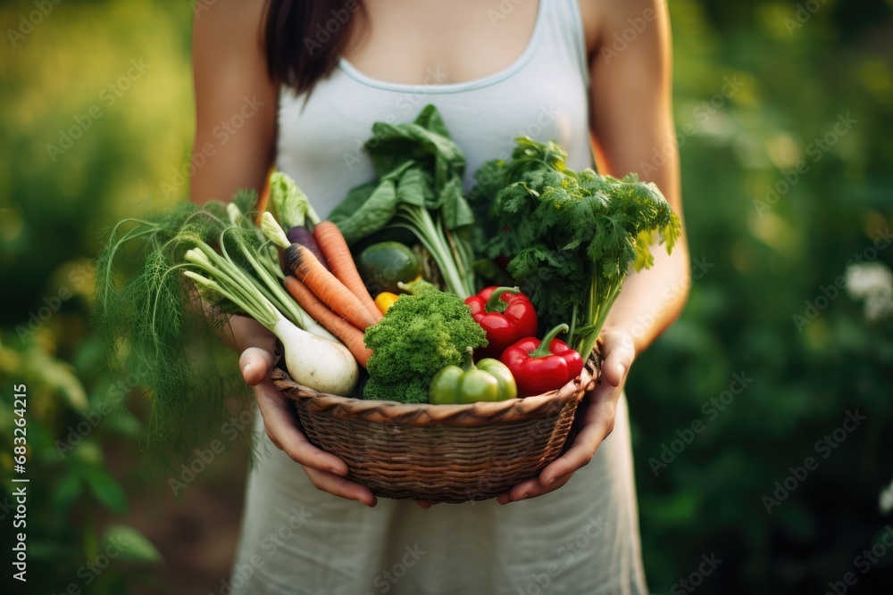 Fototapeta premium Young woman holding basket with fresh vegetables in the garden. Selective focus.