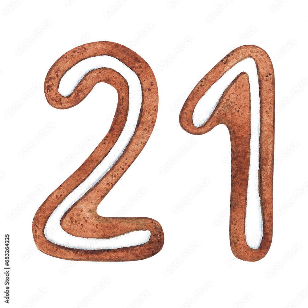Naklejka premium Number 21 in the form of a Christmas gingerbread on a white background. Suitable for holiday and new year inscriptions with dates that have the number nine
