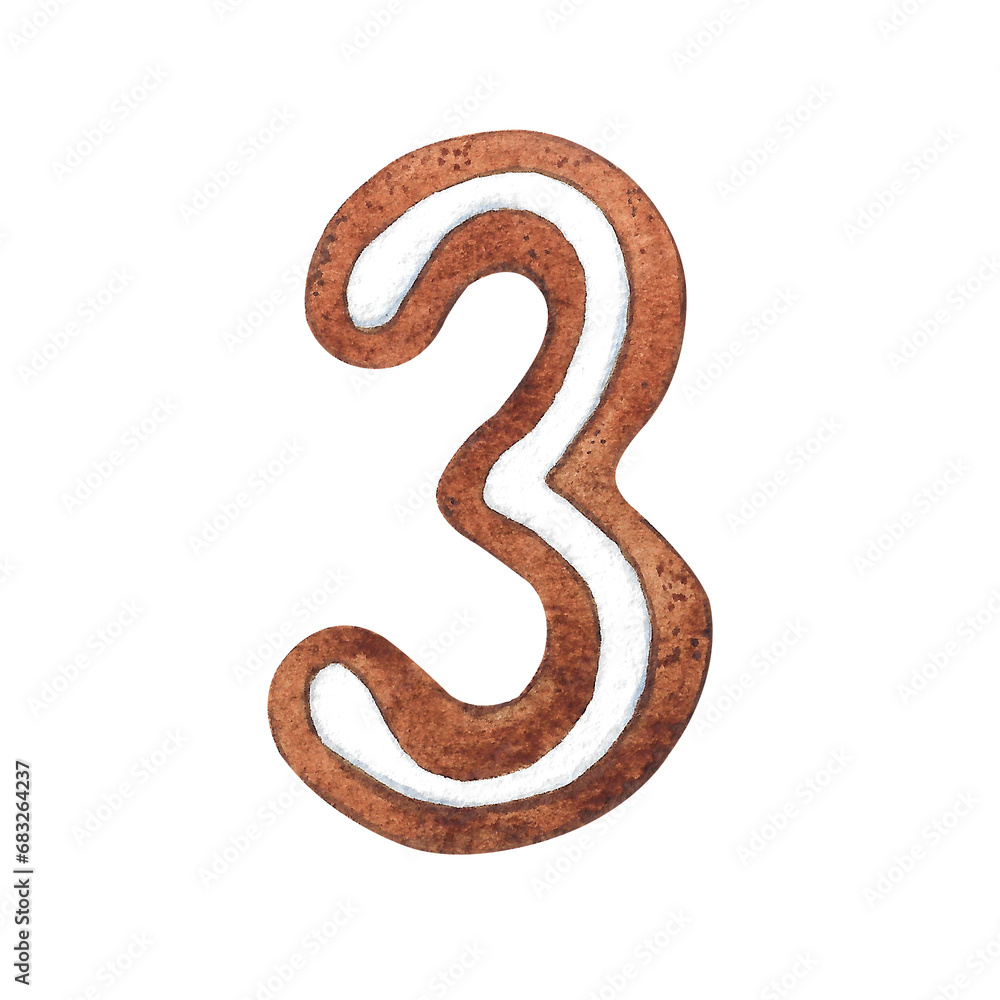 Fototapeta premium Christmas Advent Calendar Number 3 in the form of a Christmas gingerbread on a white background. Suitable for holiday and new year inscriptions with dates that have the number nine