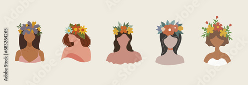 Bundle mit Gesichtslosen Frauen-Illustrationen und Blumen im Haar