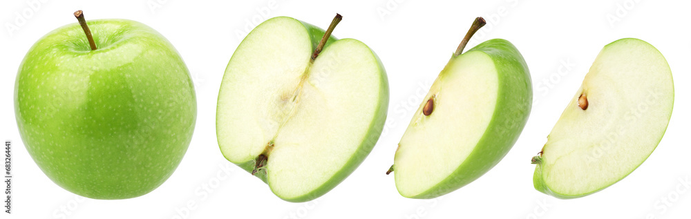 green apple ( granny smith apple), half and slice isolated, transparent PNG, collection, PNG format, cut out green apple ( granny smith apple), half and slice isolated, transparent PNG, collection, PNG format, cut out