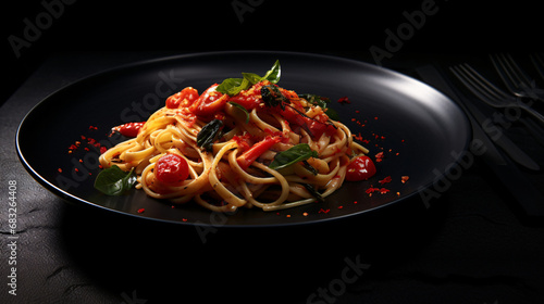 A black plate with a pasta dish on a black table