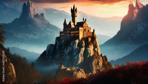 A fantasy painting of a castle sitting on top of a craggy peak with a cinematic tone