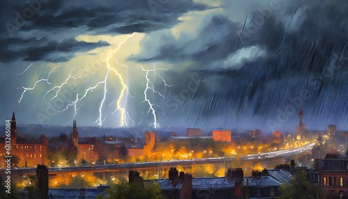 A low-detail oil painting of a thunderstorm over a cityscape with dark tones and a backlit 