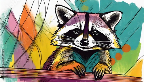 Firefly A sketch of a raccoon in bright colors and minimalist composition photo