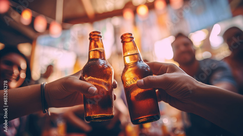 Foto Two hands holding beer bottles in a toasting gesture, with a warm and convivial atmosphere that suggests a social gathering or celebration among friends
