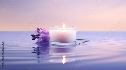 Candle in water with lavender, minimalist composition. Lilac color background. Zen atmosphere. SPA and relaxation advertisement concept.