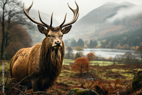 multicolor transition of Scottish Highlands in fall, embodying misty glens, herds of red deer, and timeless charm of nature's cycles during this contemplative season