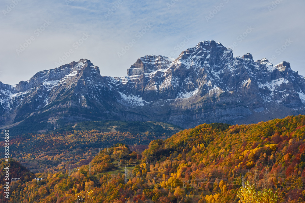 The Tena valley, in the Pyrenees, with its autumn colors. Huesca. Aragon. Spain The Tena valley, in the Pyrenees, with its autumn colors. Huesca. Aragon. Spain