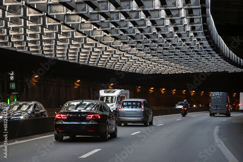 Canvas Print Highway road signs Paris, driving in heavy traffic on ring road of capital of Fr