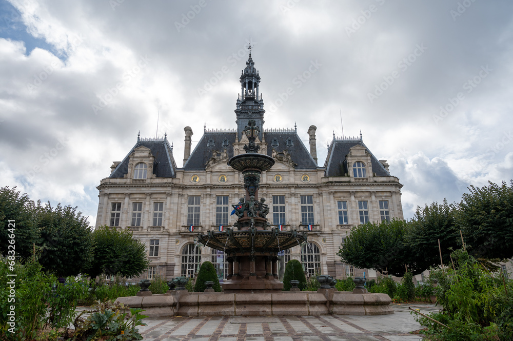 Views of streets and houses of Limoges town, Haute-Vienne department, France with famous porcelain and leather industry, city hall fountain