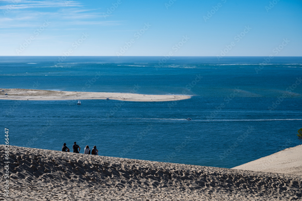 View from Dune of Pilat tallest sand dune in Europe located in La Teste-de-Buch in Arcachon Bay area, France southwest of Bordeaux along France's Atlantic coastline