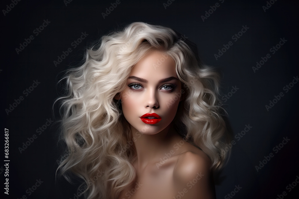 Blonde woman with red lips and smoky eyes. Cosmetics, beauty and hair styling