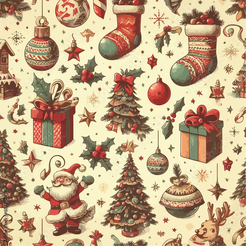 vintage hand drawn christmas seamless pattern with christmas tree. Ai Generated