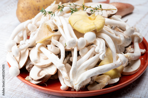 Ingredients for dinner dish with potato and mushrooms with onion. White shimeji edible mushrooms native to East Asia, buna-shimeji is widely cultivated photo