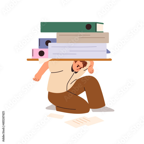 Work burden, documents overload. Paperwork and bureaucracy concept. Business man, employee overloaded with excessive papers, tired from workload. Flat vector illustration isolated on white background