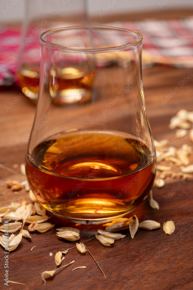 Tasting of different Scotch whiskies strong alcoholic drinks, drum of whiskey and colorful Scotch tartan on background close up Tasting of different Scotch whiskies strong alcoholic drinks, drum of whiskey and colorful Scotch tartan on background close up