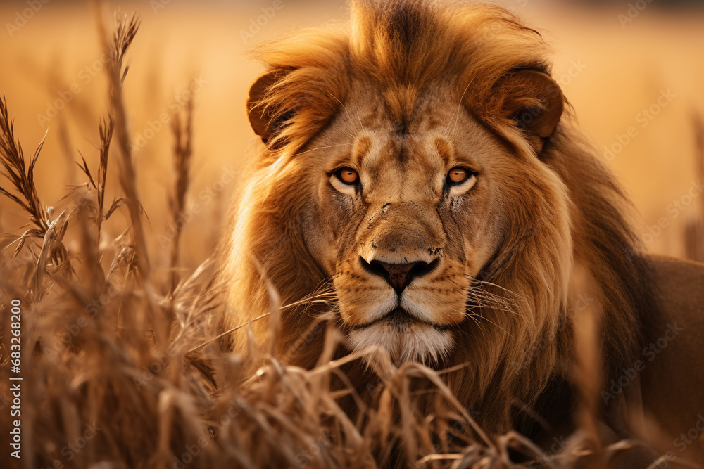 Close up of a lion resting in the savannah